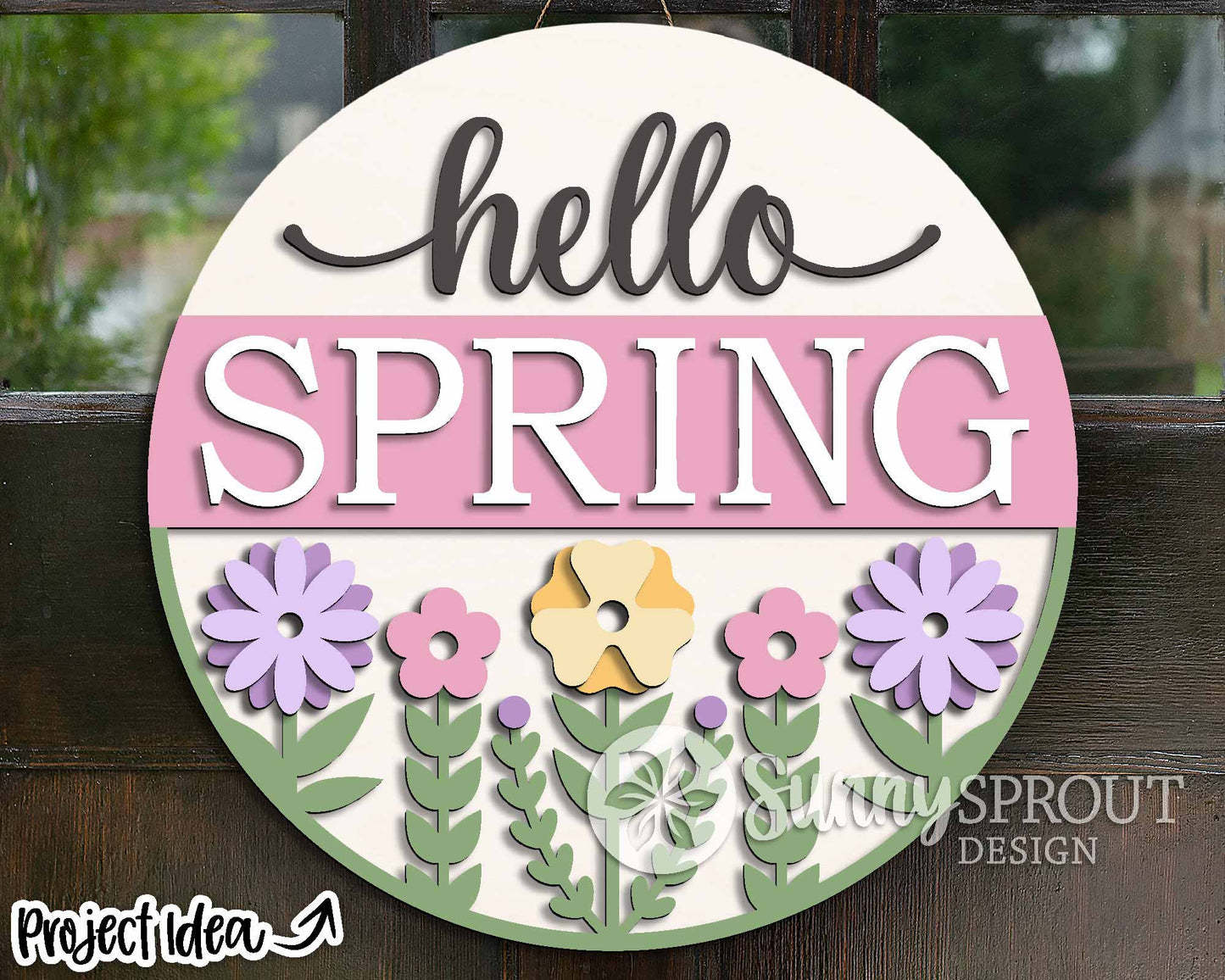 Hello Spring Flower Sign, Digital download, SVG Laser cut file, Cricut, Round door hanger design