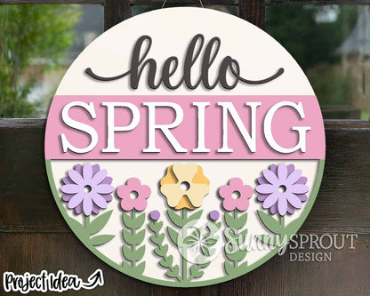 Hello Spring Flower Sign, Digital download, SVG Laser cut file, Cricut, Round door hanger design
