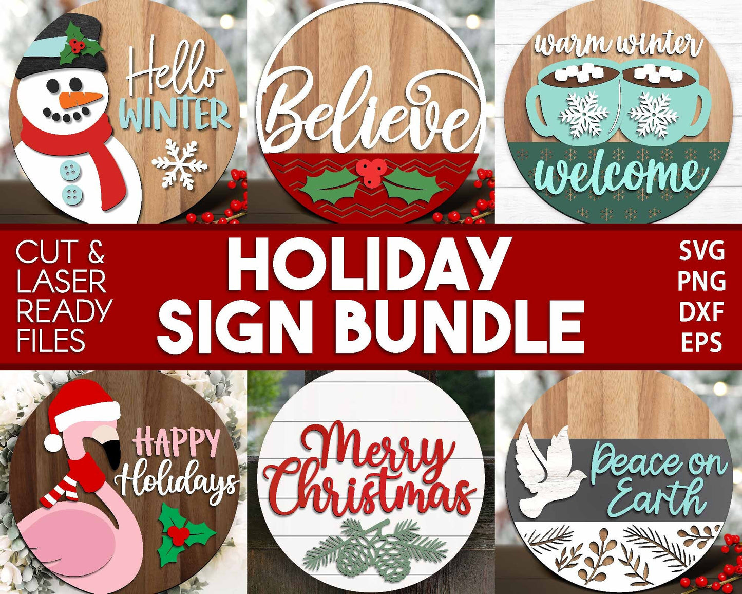 Holiday Laser Sign Bundle, Round door hanger, Glowforge laser file, Cricut, Silhouette, Christmas, Winter welcome sign