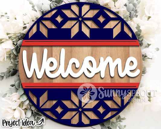 Welcome Fairisle Round, Round door hanger svg, Glowforge laser file, Cricut cut file, Winter welcome sign, Ski lodge decor