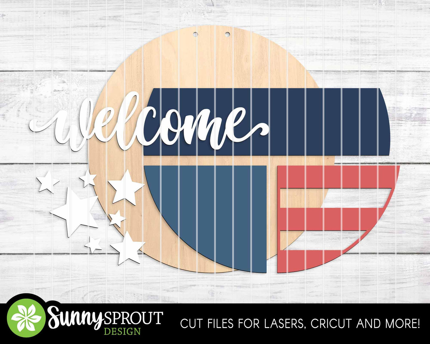 Welcome American Flag Star Sign, Digital Download, SVG Laser Cut File, Cricut, Round Door Hanger Design, Patriotic 4th of July Decor