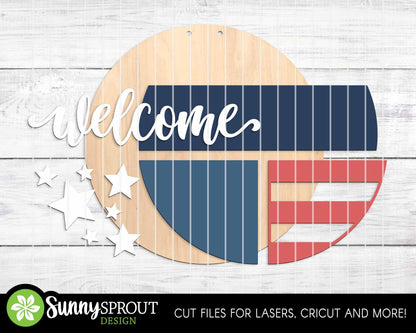 Welcome American Flag Star Sign, Digital Download, SVG Laser Cut File, Cricut, Round Door Hanger Design, Patriotic 4th of July Decor