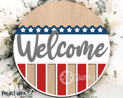Welcome American Flag Sign, Digital Download, SVG Laser Cut File, Cricut, Round Door Hanger Design, Patriotic 4th of July Decor