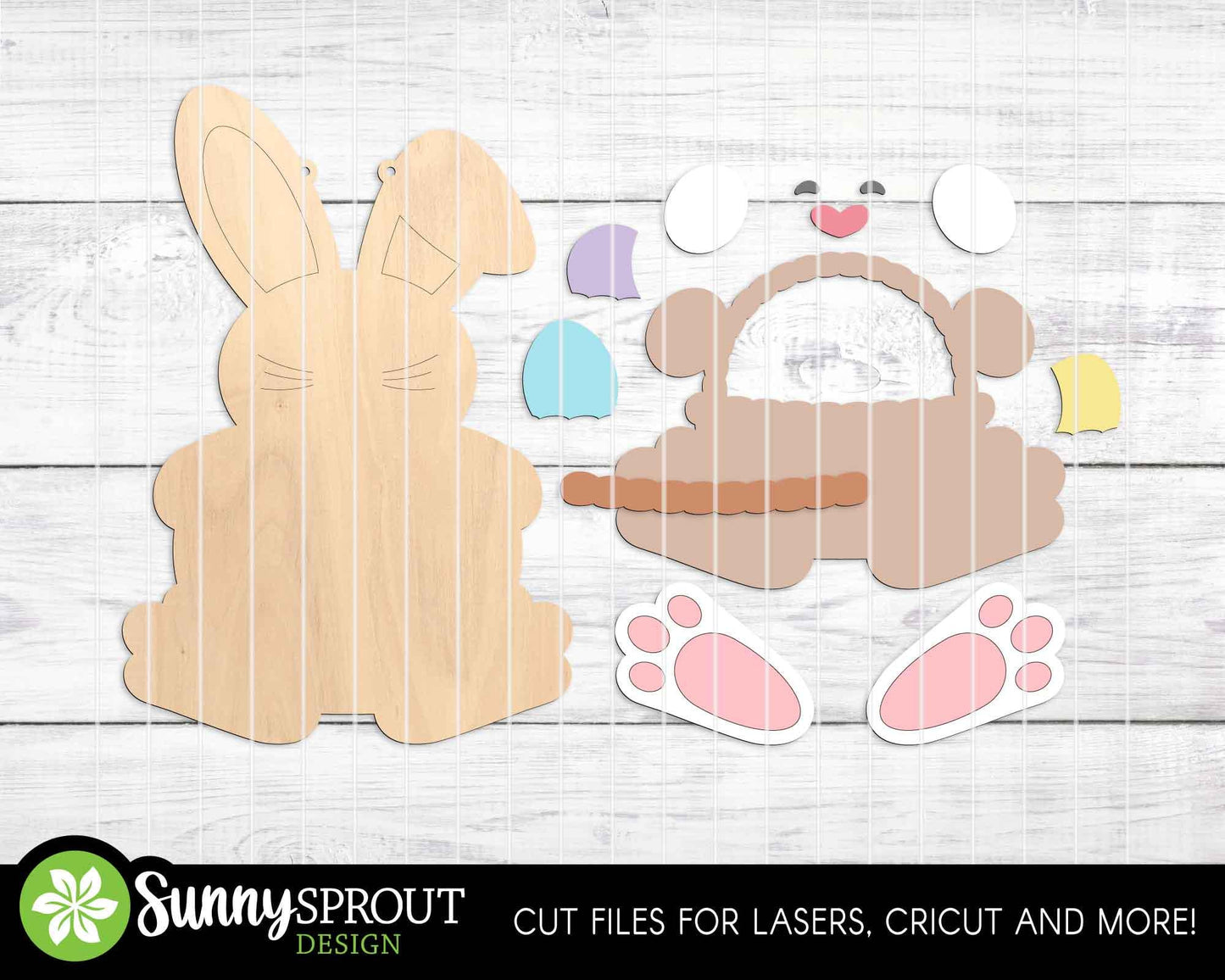 Easter Bunny & Egg Basket Sign, Digital download, SVG laser cut file, Cricut, Door hanger design