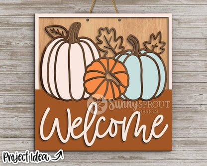 Welcome Fall Pumpkin Outline Sign, Digital Download, SVG Laser Cut File, Cricut, Square Fall Door Hanger Design