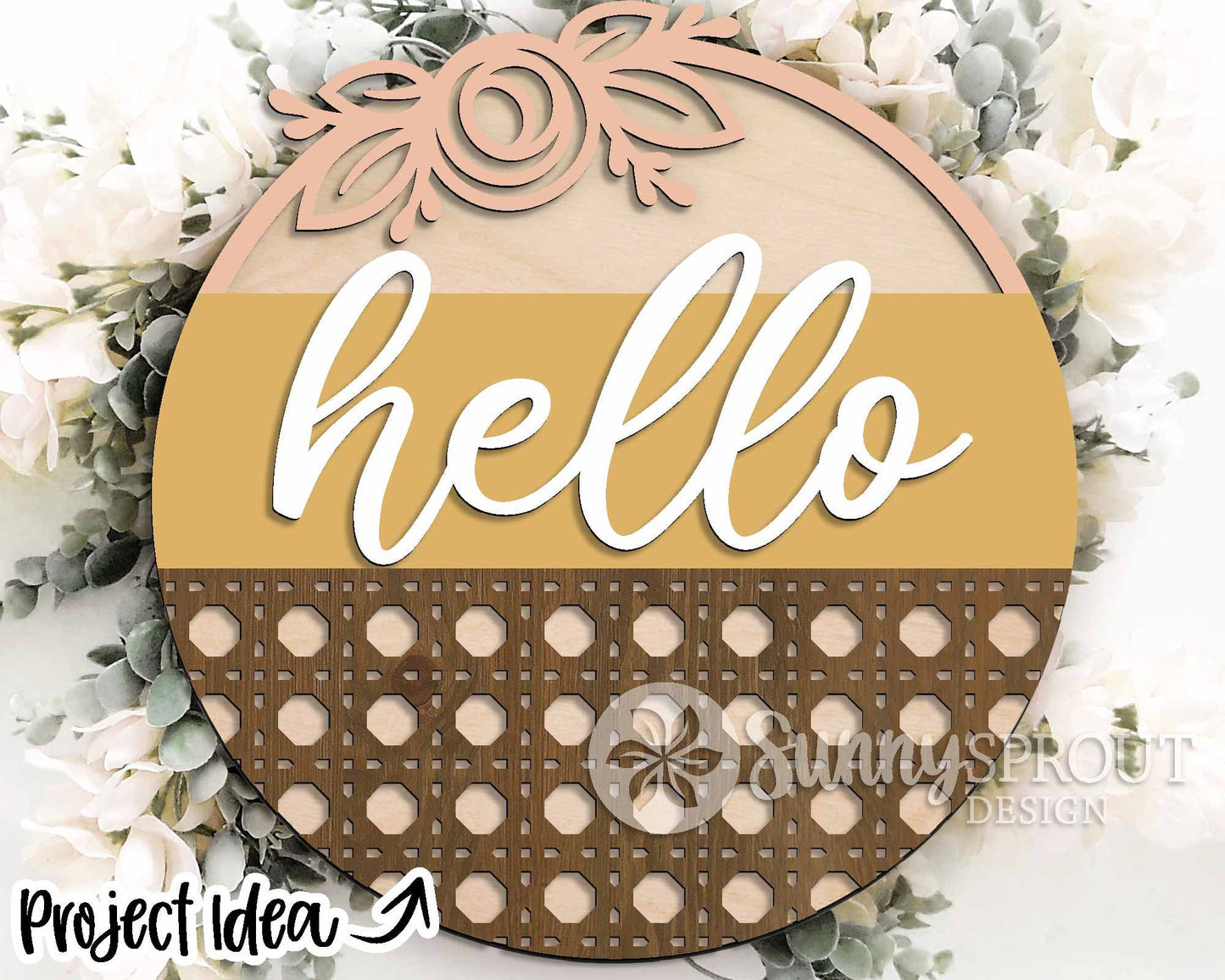 Hello Rattan Pattern Sign, Digital Download, SVG Laser Cut File, Cricut, Floral Farmhouse Round Door Hanger Design