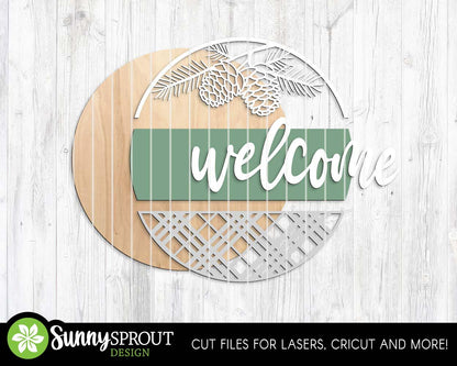 Welcome Pine Cone Sign, Round door hanger svg, Glowforge laser cut file, Cricut, Cabin welcome, Farmhouse Christmas decor