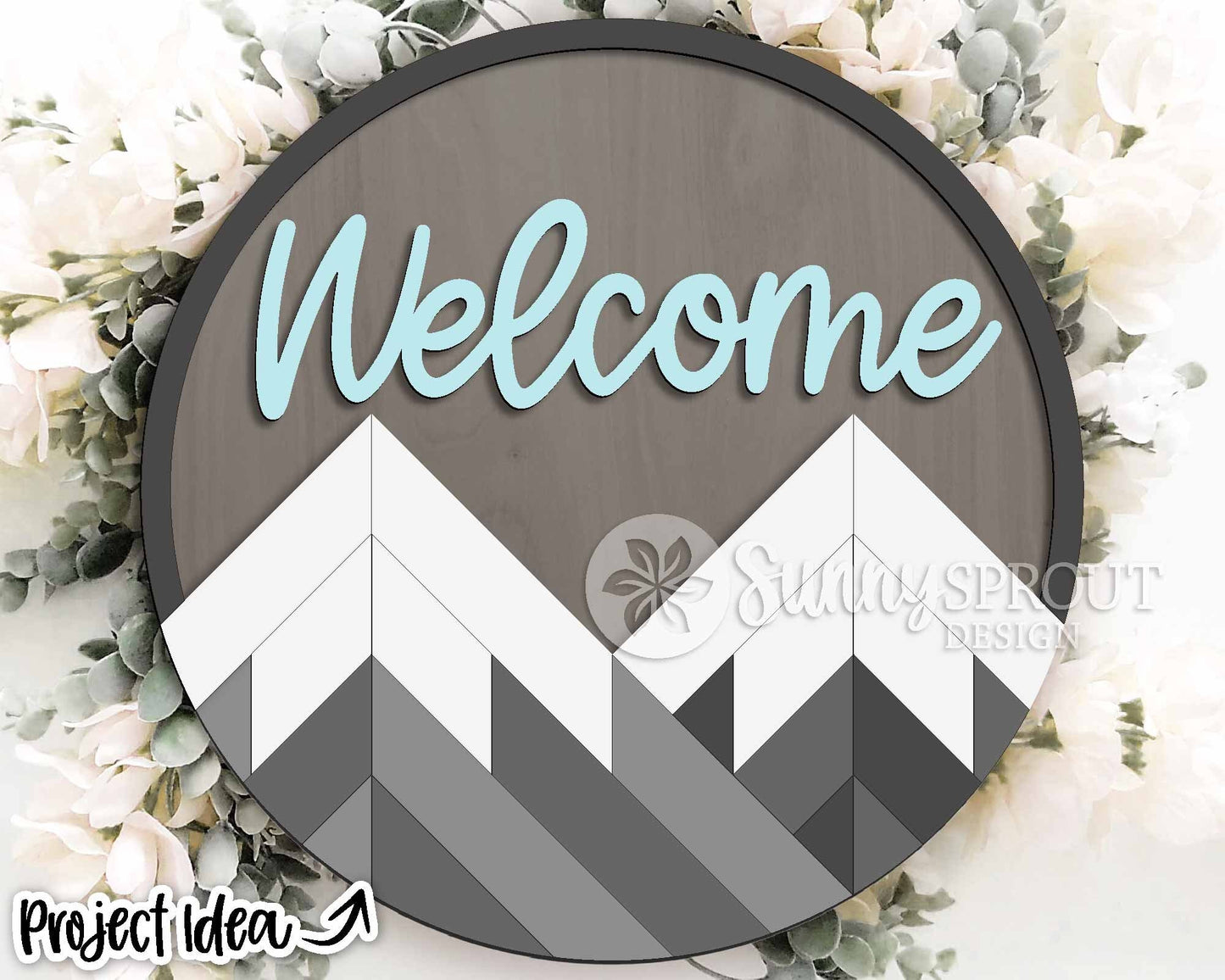 Geometric Mountain Welcome Sign, Digital download, SVG Laser cut file, Cricut, Round door hanger design, Camping cabin outdoor decor