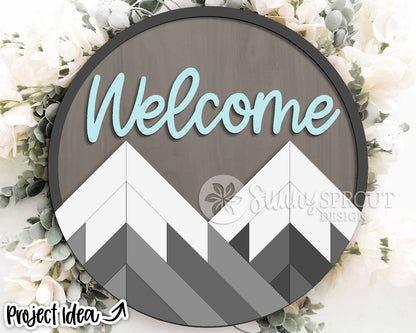 Geometric Mountain Welcome Sign, Digital download, SVG Laser cut file, Cricut, Round door hanger design, Camping cabin outdoor decor