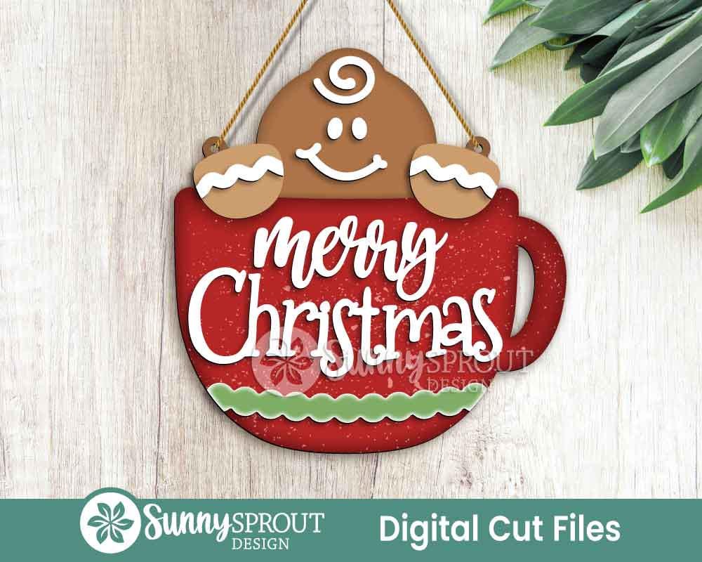 Merry Christmas Gingerbread Mug Sign, Digital Download, SVG Laser Cut File, Cricut, Door Hanger Wall Art Design