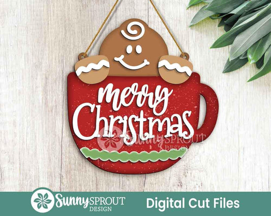 Merry Christmas Gingerbread Mug Sign, Digital Download, SVG Laser Cut File, Cricut, Door Hanger Wall Art Design