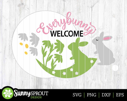 Everybunny Welcome Daisy Sign, Digital download, SVG Laser cut file, Cricut, Round door hanger design, Spring Easter decor