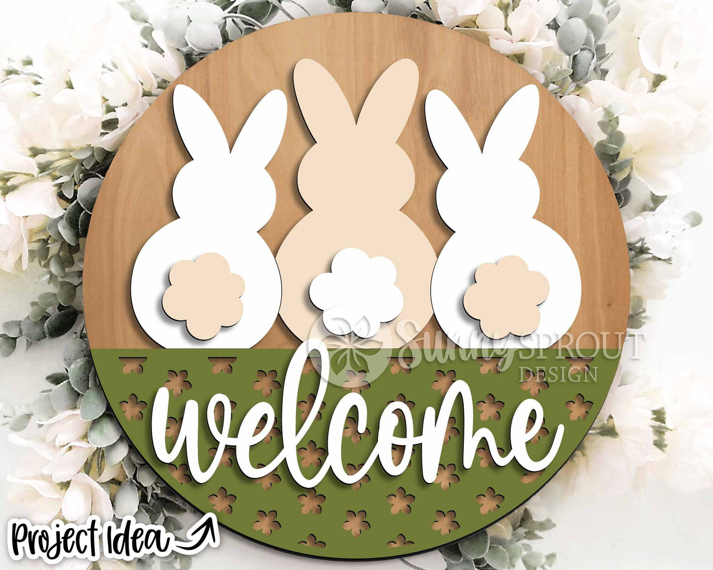 Three Bunnies Welcome Sign, Digital download, SVG Laser cut file, Cricut, Round door hanger design, Spring Easter decor