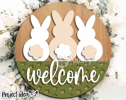 Three Bunnies Welcome Sign, Digital download, SVG Laser cut file, Cricut, Round door hanger design, Spring Easter decor