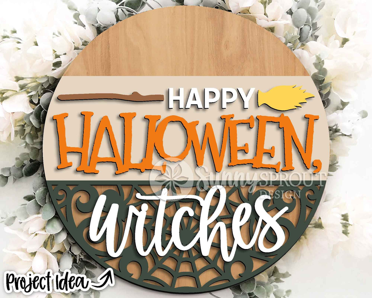 Happy Halloween Witches Sign, Digital Download, SVG Laser Cut File, Cricut, Round Funny Halloween Door Hanger Design
