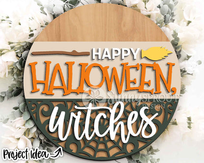 Happy Halloween Witches Sign, Digital Download, SVG Laser Cut File, Cricut, Round Funny Halloween Door Hanger Design