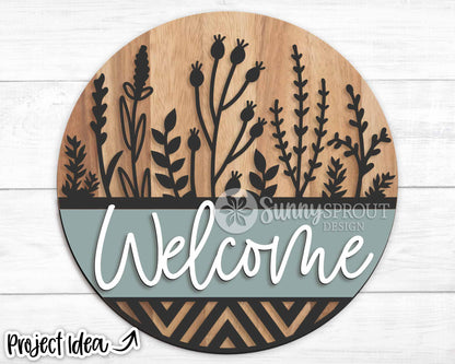 Welcome Wildflower Geometric Sign, Digital Download, SVG Laser Cut File, Cricut, Floral Farmhouse Round Door Hanger Design