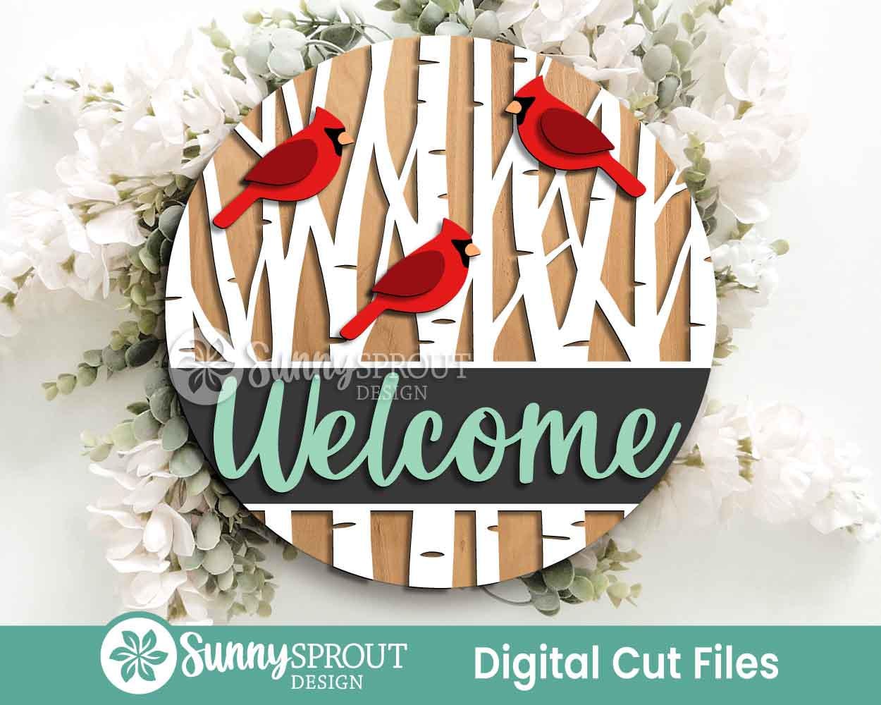 Welcome Cardinal Birch Tree Sign, Round door hanger, Glowforge laser file, Cricut, Christmas decor, Winter, Bird sign svg
