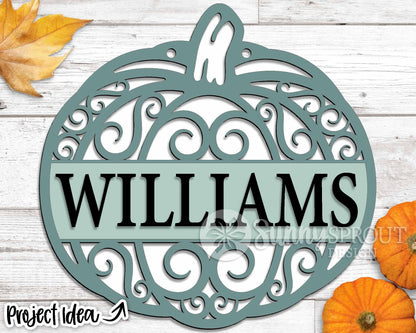Pumpkin Split Monogram Sign, Digital Download, SVG Laser Cut File, Cricut, Round Fall Door Hanger Design, Personalize Name