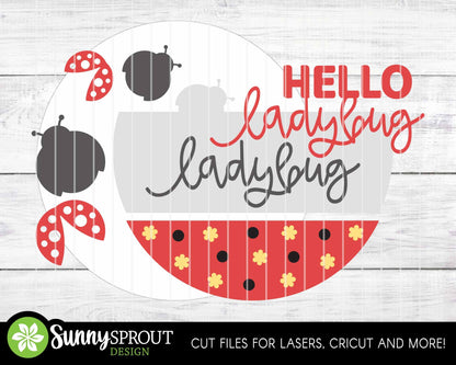 Hello Ladybug Sign, Digital Download, SVG Laser Cut File, Summer Round Door Hanger Design