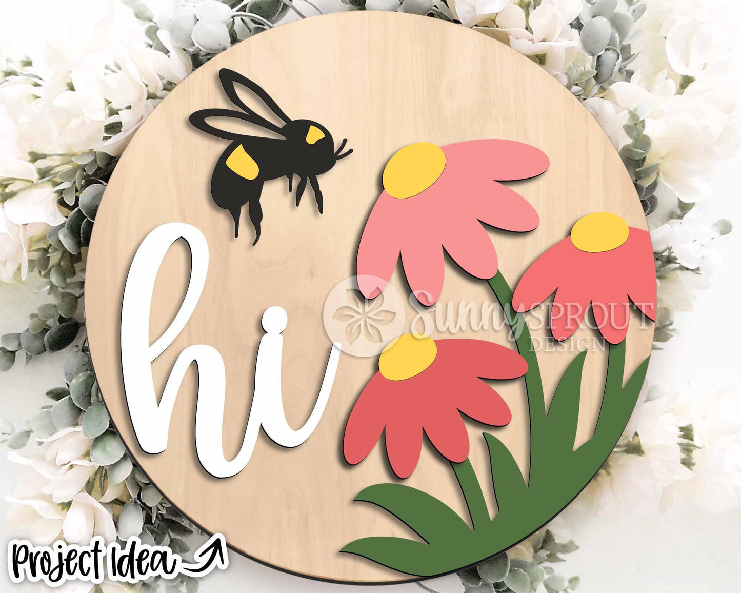 Hi Bee and Daisy Sign, Digital Download, SVG Laser Cut File, Cricut, Spring Summer Round Door Hanger Design