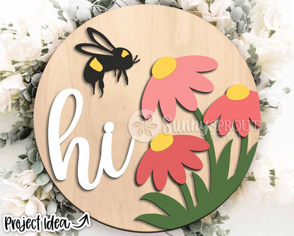 Hi Bee and Daisy Sign, Digital Download, SVG Laser Cut File, Cricut, Spring Summer Round Door Hanger Design