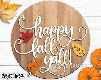 Happy Fall Y'all Script and Leaves Sign, Cricut SVG cut file, Silhouette, Laser cut file, Round Door Hanger Design
