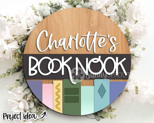 Book Nook Name Sign, Digital download, SVG Laser cut file, Cricut, Round door hanger design, Personalize school decor