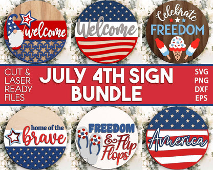 July 4th Laser Sign Bundle, Round door hanger svg, Glowforge laser file, Cricut, Independence Day svg, Patriotic decor