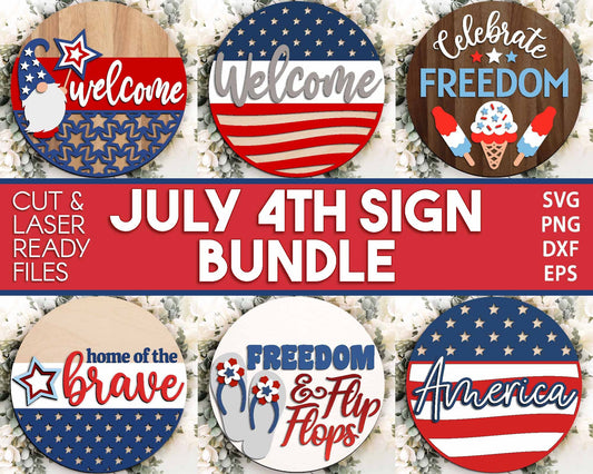 July 4th Laser Sign Bundle, Round door hanger svg, Glowforge laser file, Cricut, Independence Day svg, Patriotic decor