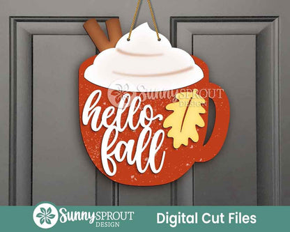 Hello Fall Pumpkin Spice Latte Mug Sign, Digital Download, SVG Laser Cut File, Cricut, Door Hanger Design