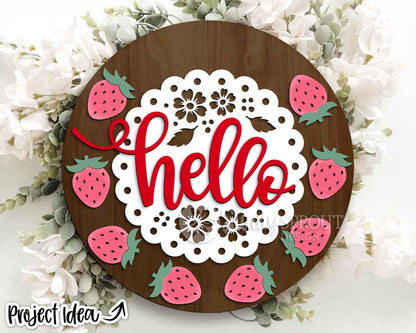 Hello Strawberry Doily Sign, Digital Download, SVG Laser Cut File, Cricut, Summer Round Door Hanger Design