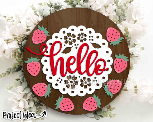 Hello Strawberry Doily Sign, Digital Download, SVG Laser Cut File, Cricut, Summer Round Door Hanger Design