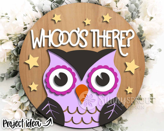 Whooo's There Owl Sign, Digital Download, SVG Laser Cut File, Cricut, Round Halloween Door Hanger Design