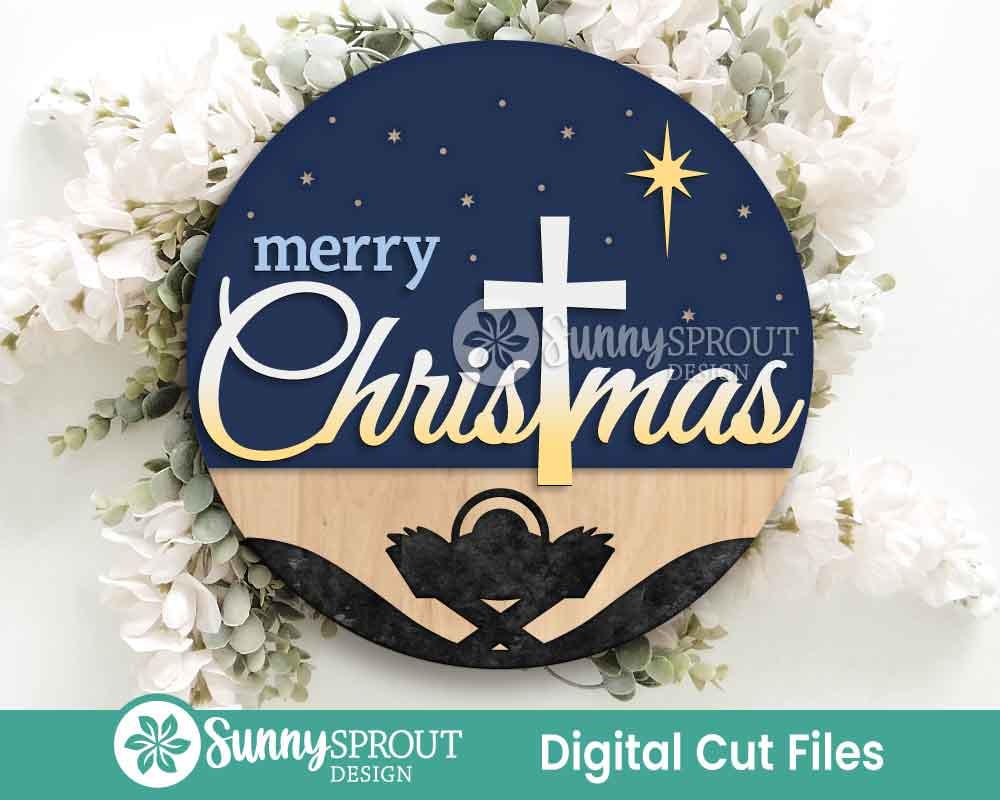 Merry Christmas Cross Jesus Sign, Digital Download, SVG Laser Cut File, Cricut, Round Door Hanger Design, Christian Nativity Decor