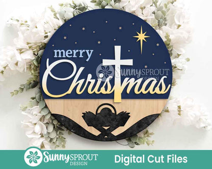 Merry Christmas Cross Jesus Sign, Digital Download, SVG Laser Cut File, Cricut, Round Door Hanger Design, Christian Nativity Decor