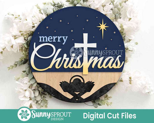 Merry Christmas Cross Jesus Sign, Digital Download, SVG Laser Cut File, Cricut, Round Door Hanger Design, Christian Nativity Decor