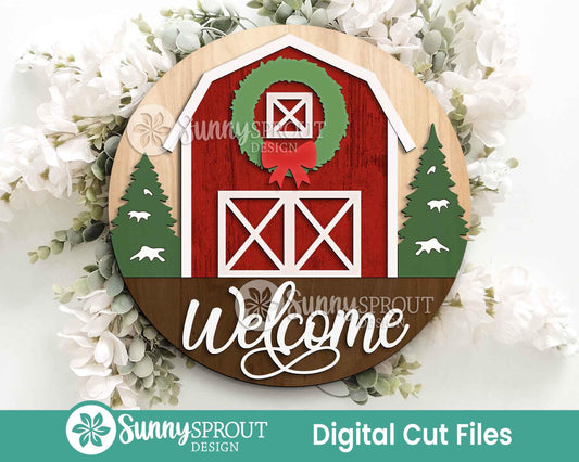 Welcome Barn Wreath Tree Sign, Digital Download, SVG Laser Cut File, Cricut, Round Door Hanger Design, Farmhouse Christmas Decor