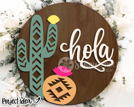 Hola Aztec Cactus Sign, Digital Download, SVG Laser Cut File, Cricut, Southwestern Desert Round Door Hanger Design