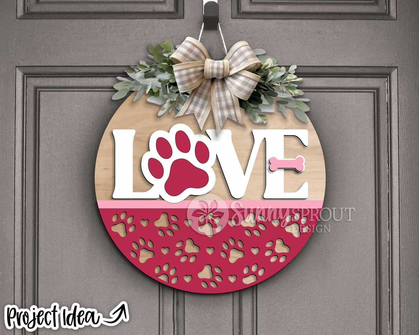 Love Paw Print Heart Bone Sign, Digital Download, SVG Laser Cut File, Cricut, Round Door Hanger Design, Valentine's Day Cat Decor