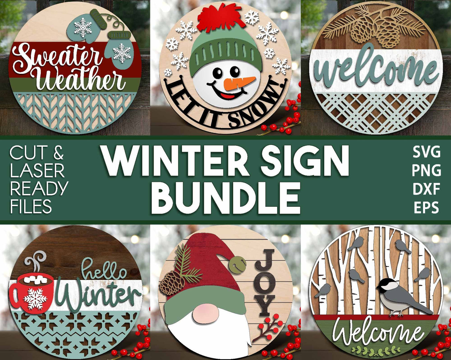 Winter Laser Sign Bundle, Round door hanger, Glowforge laser file, Cricut cut file, Silhouette, Holiday welcome sign svg