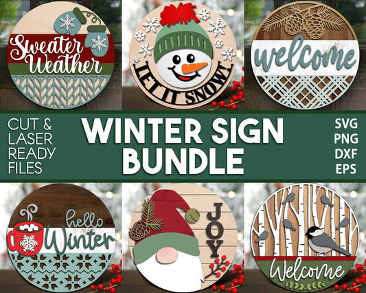 Winter Laser Sign Bundle, Round door hanger, Glowforge laser file, Cricut cut file, Silhouette, Holiday welcome sign svg