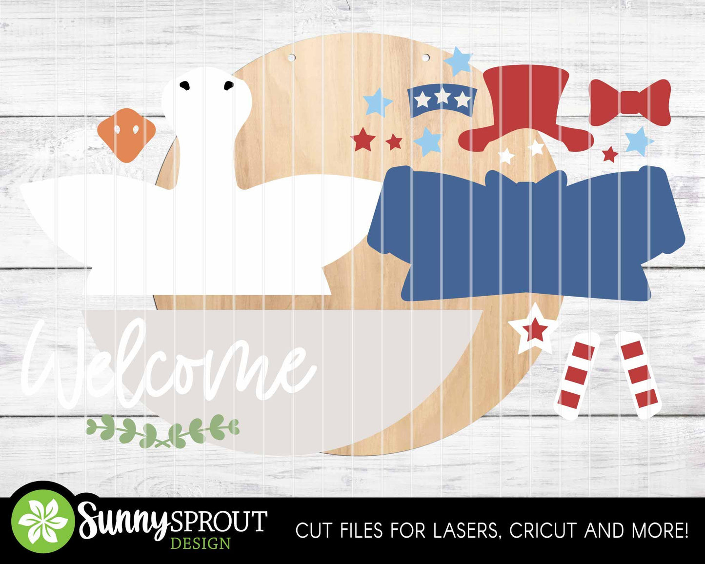 Goose Welcome 4th of July Sign, Digital Download, SVG Laser Cut File, Cricut, Round Door Hanger Design, Patriotic 4th of July Decor