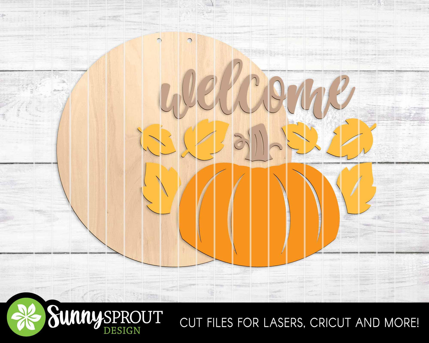 Welcome Pumpkin & Leaves Sign, Digital Download, SVG Laser Cut File, Cricut, Round Fall Door Hanger Design