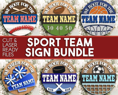 We Root For The Sport Team Bundle, Round door hanger design, SVG laser cut file, Cricut, Personalize customize name sign