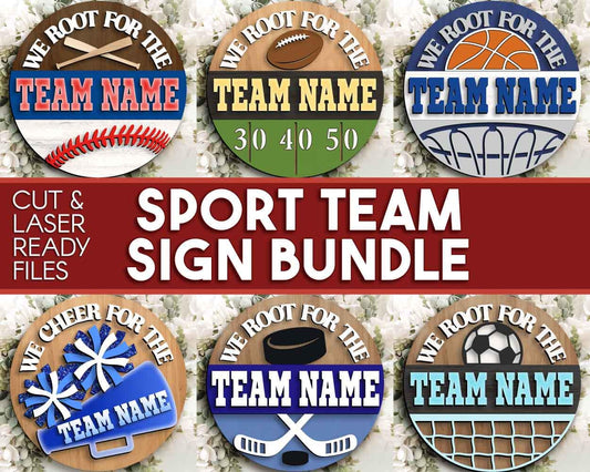 We Root For The Sport Team Bundle, Round door hanger design, SVG laser cut file, Cricut, Personalize customize name sign