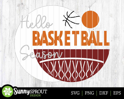 Hello Basketball Season Sign, Digital Download, SVG Laser Cut File, Cricut, Round Door Hanger Wall Art Design, Sports Decor