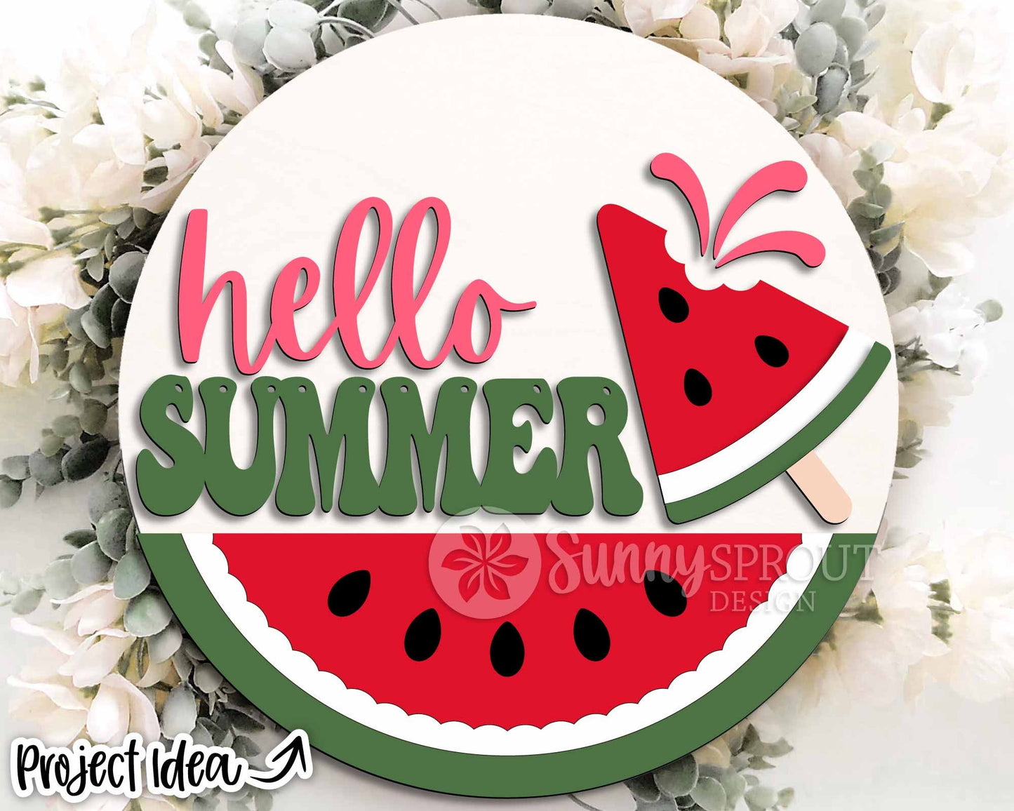 Hello Summer Watermelon Popsicle Sign, Digital Download, SVG Laser Cut File, Cricut, Round Door Hanger Design