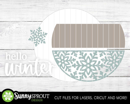 Hello Winter Snowflakes Sign, Round door hanger svg, Glowforge laser file, Cricut, Winter door decor, Winter welcome sign