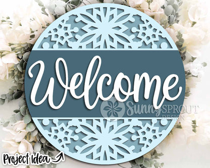 Welcome Snowflake Pattern Sign, Round door hanger svg, Glowforge laser file, Cricut, Winter door decor, Christmas sign svg